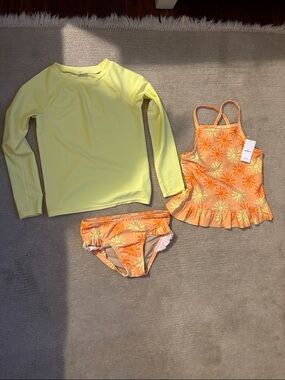 Old Navy Yellow Long-Sleeve Rash Guard with Orange Floral Tankini Set